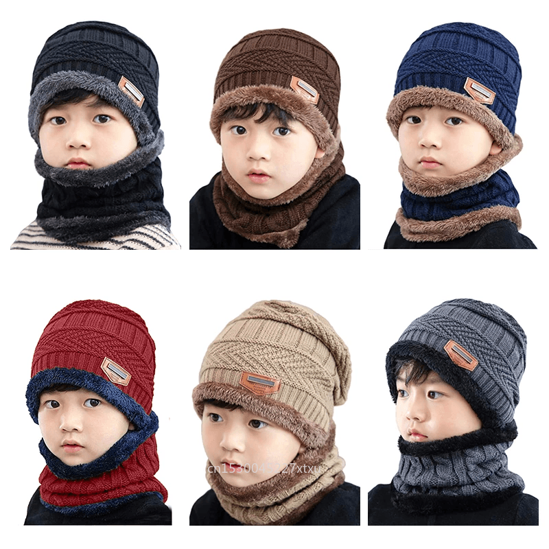  겨울 따뜻한 니트 모자 모자 스카프와 함께 두꺼운 양모 모자 & 스카프 2 조각 겨울 액세서리 소년 소녀
